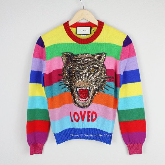 Gucci Sweaters - NWT Gucci Stripe Sequin Embroidered Wool Sweater, Small, Tiger “Loved” Appliqué